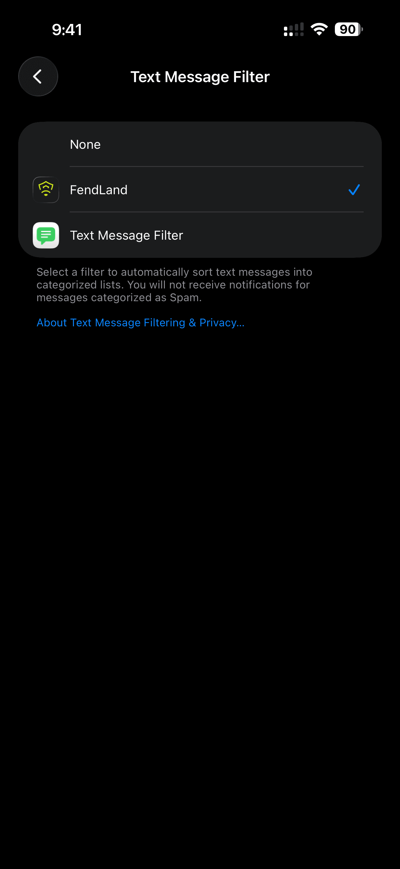 iPhone Settings showing FendLand selected as the Text Message Filter