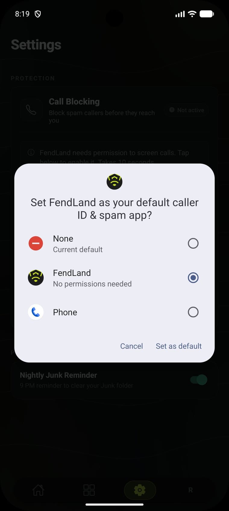 Set FendLand as the default caller ID and spam app on Android