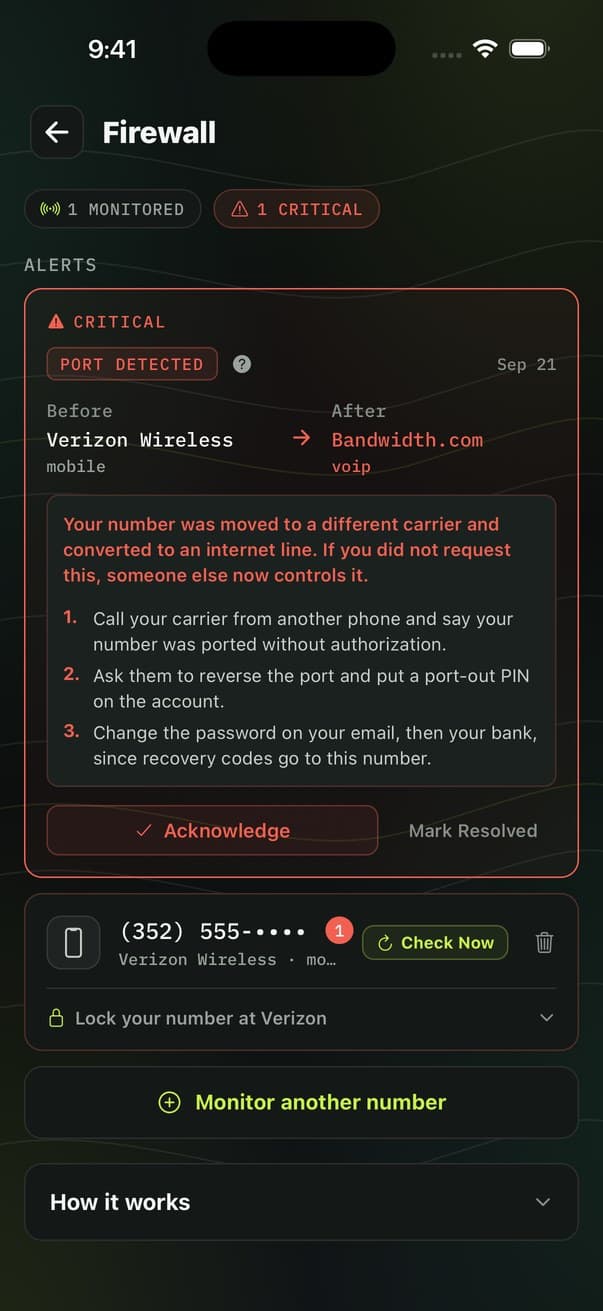 A critical port-out alert in FendLand: the number moved from Verizon Wireless on a mobile line to Bandwidth.com on a VoIP line, with three recovery steps