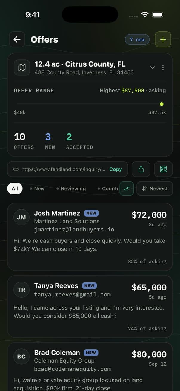 The FendLand offers screen showing buyer inquiries submitted against a property