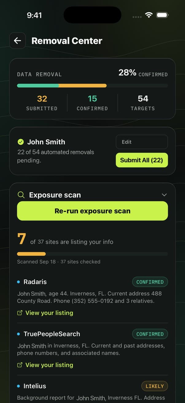 The FendLand Removal Center showing automated removals submitted and an exposure scan listing the brokers still publishing the owner's details