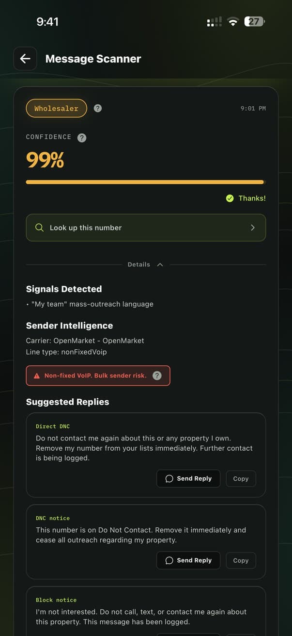 The FendLand scanner classifying a message as a wholesaler at 99% confidence, with ready-to-send replies
