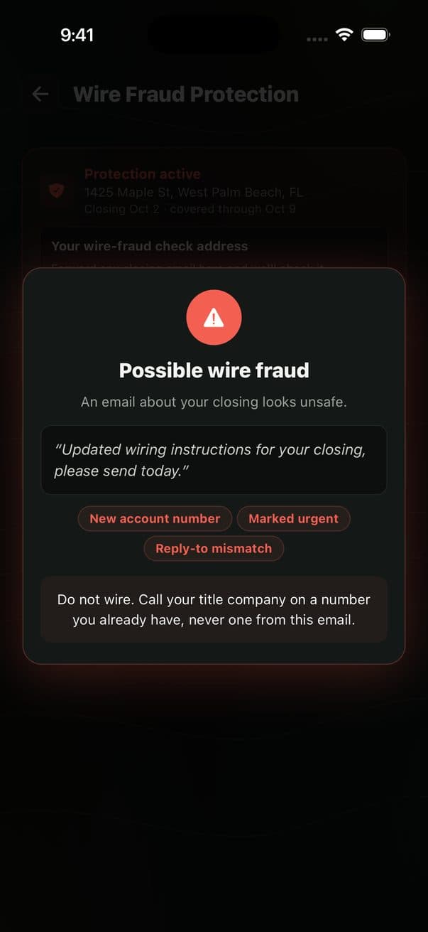 A FendLand wire fraud alert flagging a suspicious closing email before the buyer sends funds