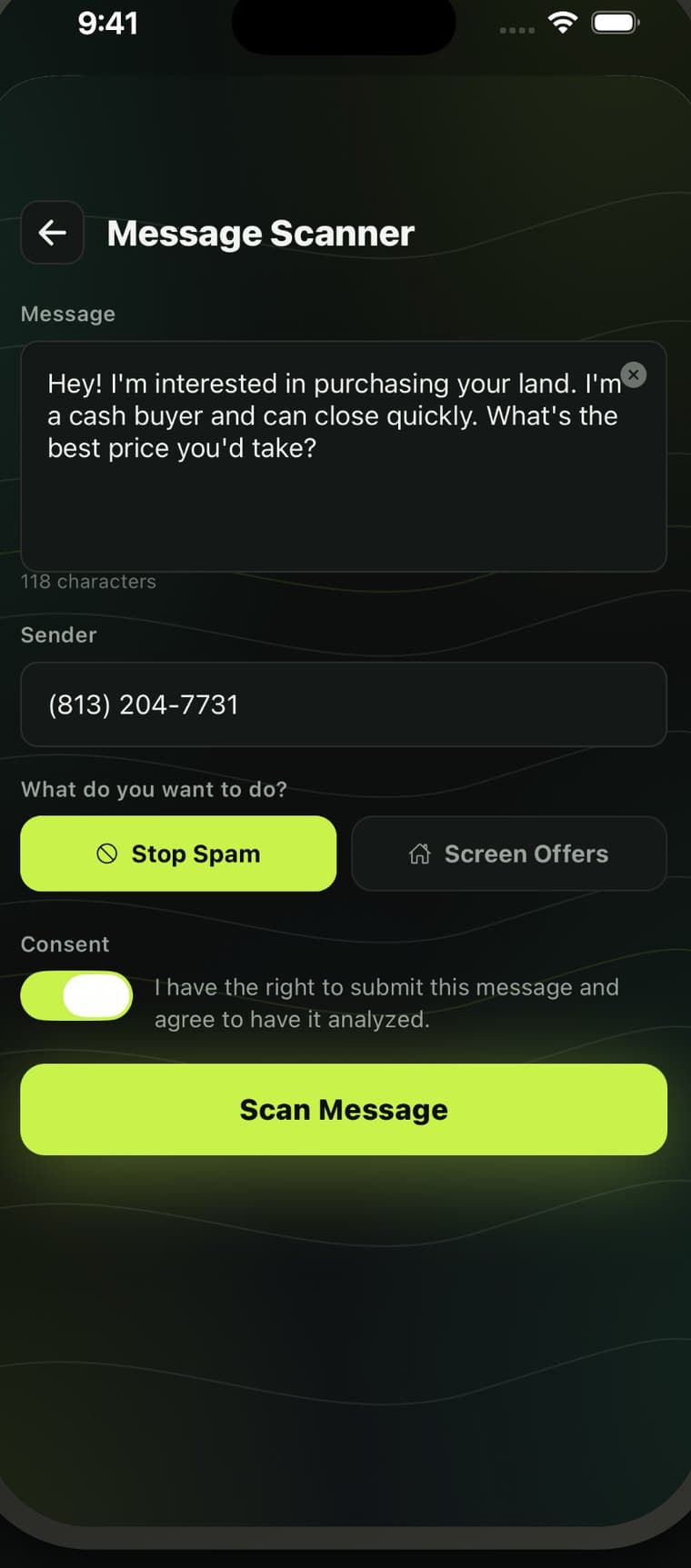 The FendLand message scanner on iPhone